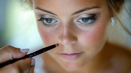 Makeup artist applies product to the bridge of a young womans nose with a makeup brush