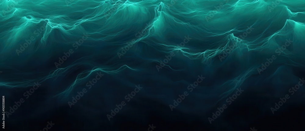 Poster ethereal turquoise waves cascade into a dark abyss creating a mesmerizing abstract seascape with glo