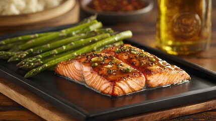 Teriyaki salmon asparagus grilled Grilled salmon with asparagus on a black plate, beer in background.