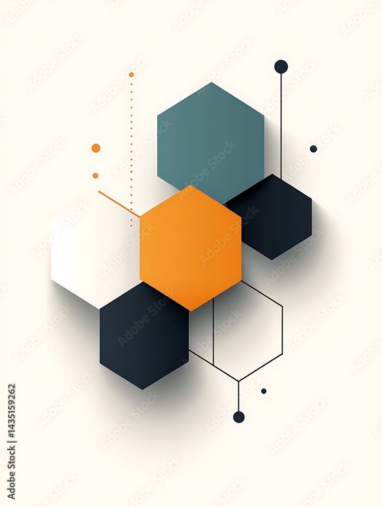 Poster abstract design with colorful hexagons and connecting lines illustration