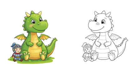 Fototapeta premium Friendship Fantasy: A heartwarming scene where a friendly dragon and a brave knight are sitting. Capturing the spirit of childhood fantasy.