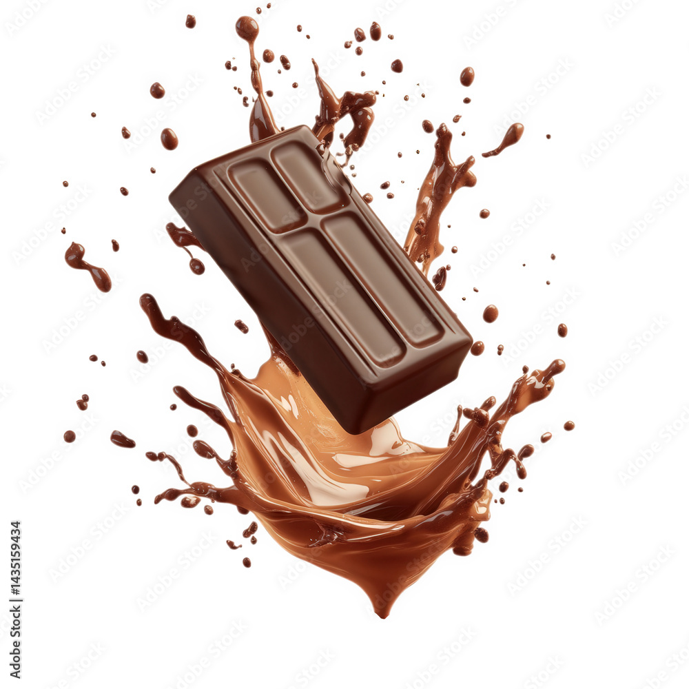Aufkleber chocolate bar suspended above a splash of rich chocolate. creating a dynamic and enticing visual the