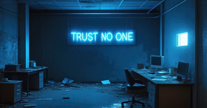 Neon trust no one sign glowing cold blue in abandoned office deep navy and bright silver symbolizing isolation and fear
