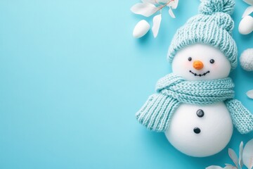 Fototapeta premium Cheerful snowman in blue winter hat and scarf with frosted leaves on light blue background