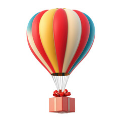 Fototapeta premium Colorful hot air balloon carrying a gift box against a white background, Hot air balloon and gift box white background