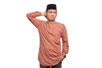 Pensive Asian Muslim man wonder about question isolated on transparent background