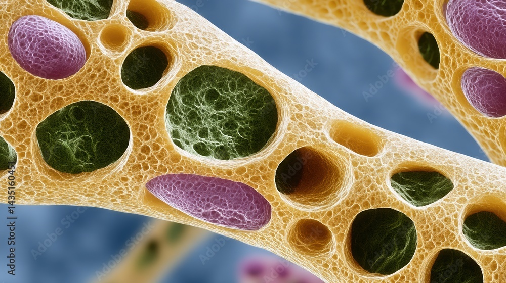 Aufkleber a close-up view of a cellular structure showcasing interconnected pores and vibrant colors, depictin