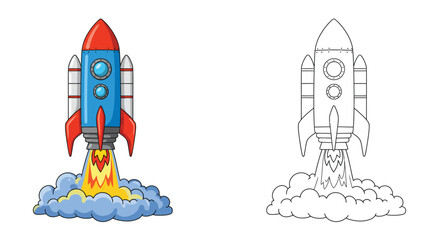Rocket Launch Illustration: A vibrant cartoon rocket blasts off into space, leaving a trail of flames and smoke. The illustration is presented in both colored and outlined versions.