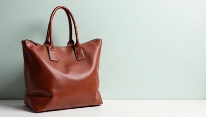 Brown leather tote bag, zipper closure, handles, handbag, zipper