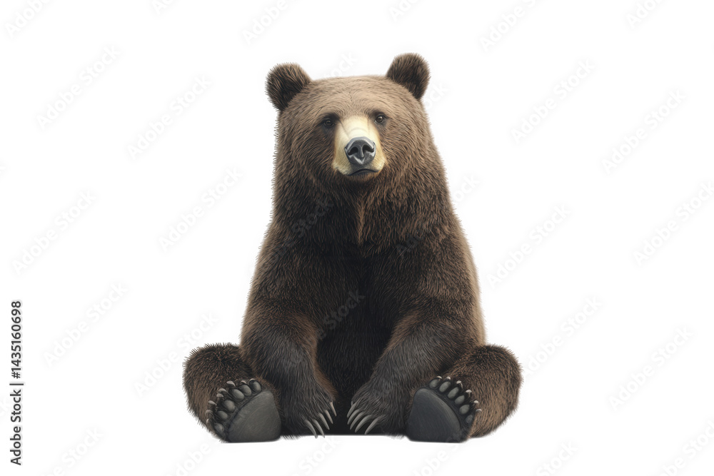 Poster a realistic depiction of a bear. sitting upright with a calm demeanor its fur is richly textured. an