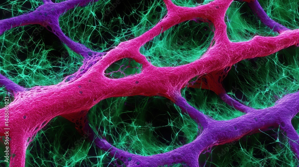 Poster a vibrant microscopic view of a network of cells, showcasing intricate structures in vivid pink and 
