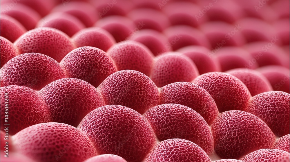 Poster a close-up view of textured, spherical shapes in a vibrant red color, resembling a scientific or abs