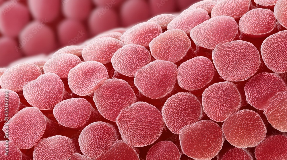 Poster a close-up view of numerous red blood cells, showcasing their round shapes and texture in a microsco