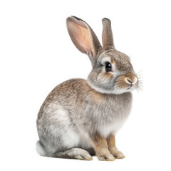 Fototapeta premium cute. fluffy rabbit sitting upright. showcasing its soft fur. large ears. and expressive eyes against a plain white background the rabbit appears curious and alert. making it an appealing subject for