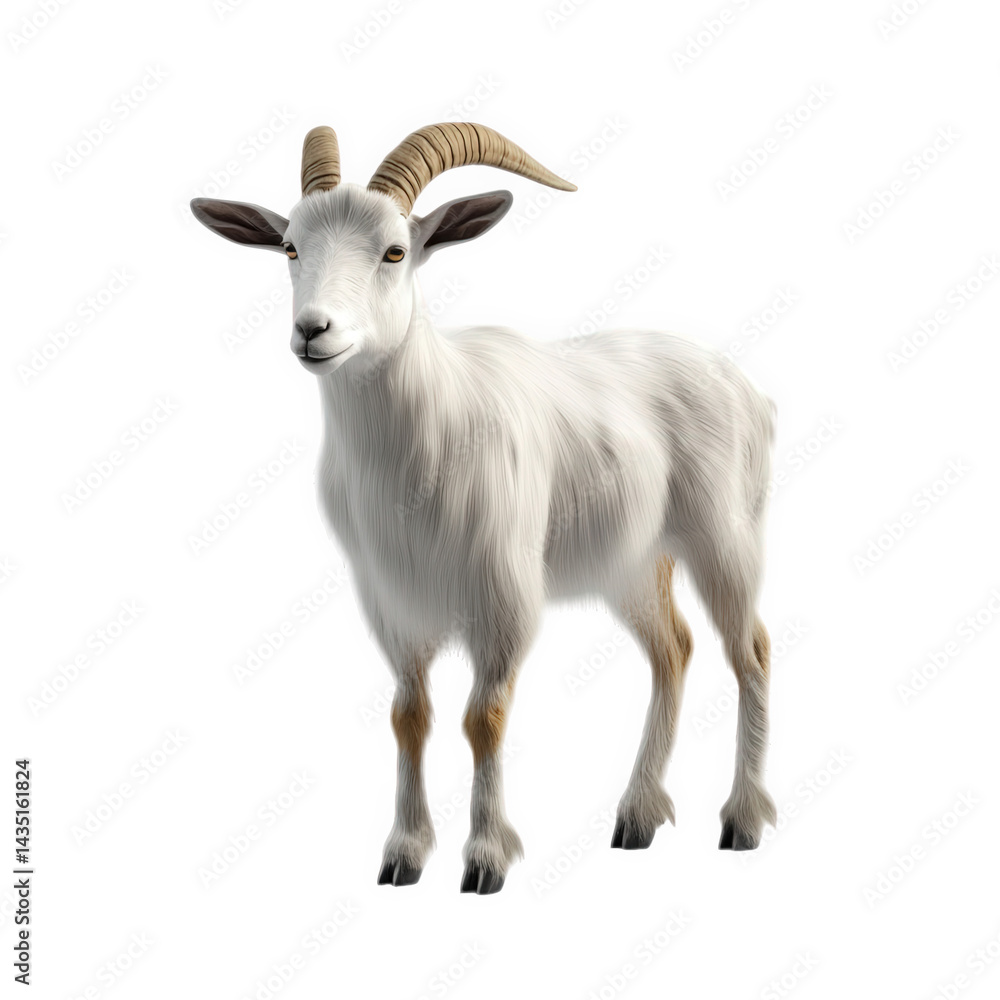 Poster a realistic 3d rendering of a white goat with curved horns. standing on a plain background the goat'