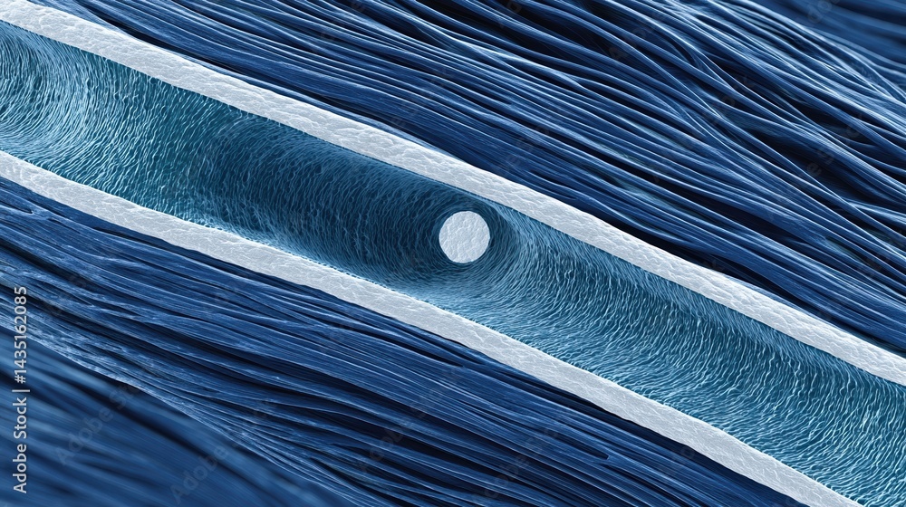 Poster a close-up image showcasing intricate patterns of blue fibers, featuring a circular opening that cre