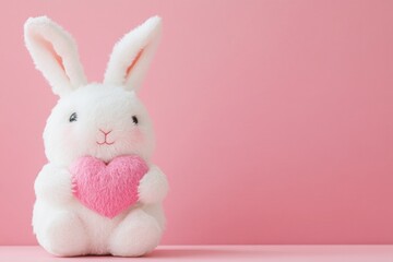 Obraz premium Adorable white plush bunny with pink heart on soft pink background