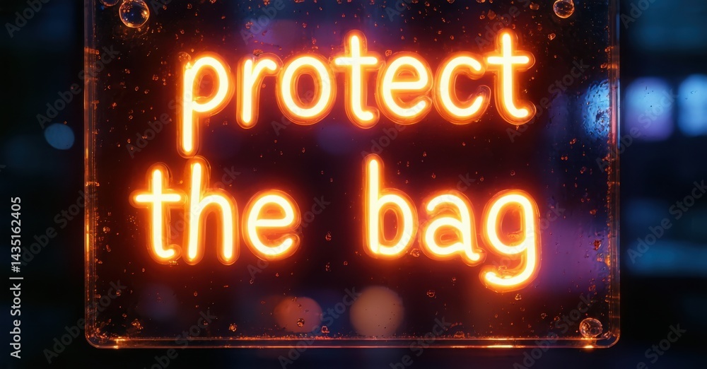 Aufkleber bright neon sign displays text protect the bag. dark background creates dramatic lighting effect. fo