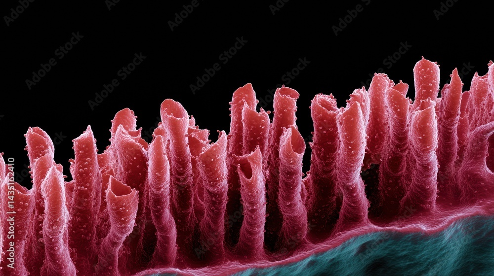 Poster a colorful, magnified view of cellular structures, showcasing intricate textures resembling tiny hai