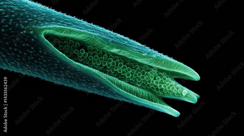 Poster a detailed microscopic view of a biological structure, showcasing intricate textures and patterns in