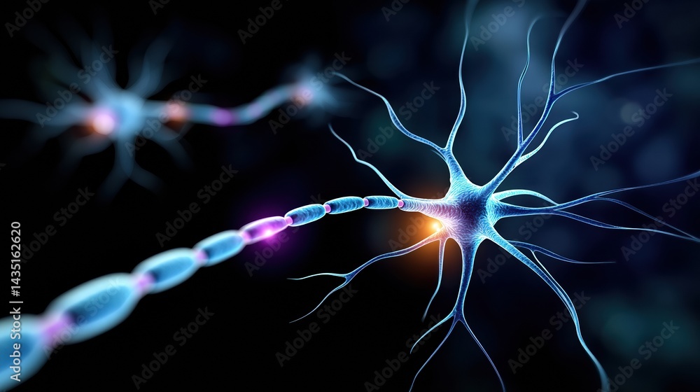Poster a vibrant digital illustration of neurons, showcasing their intricate structures and connections, em