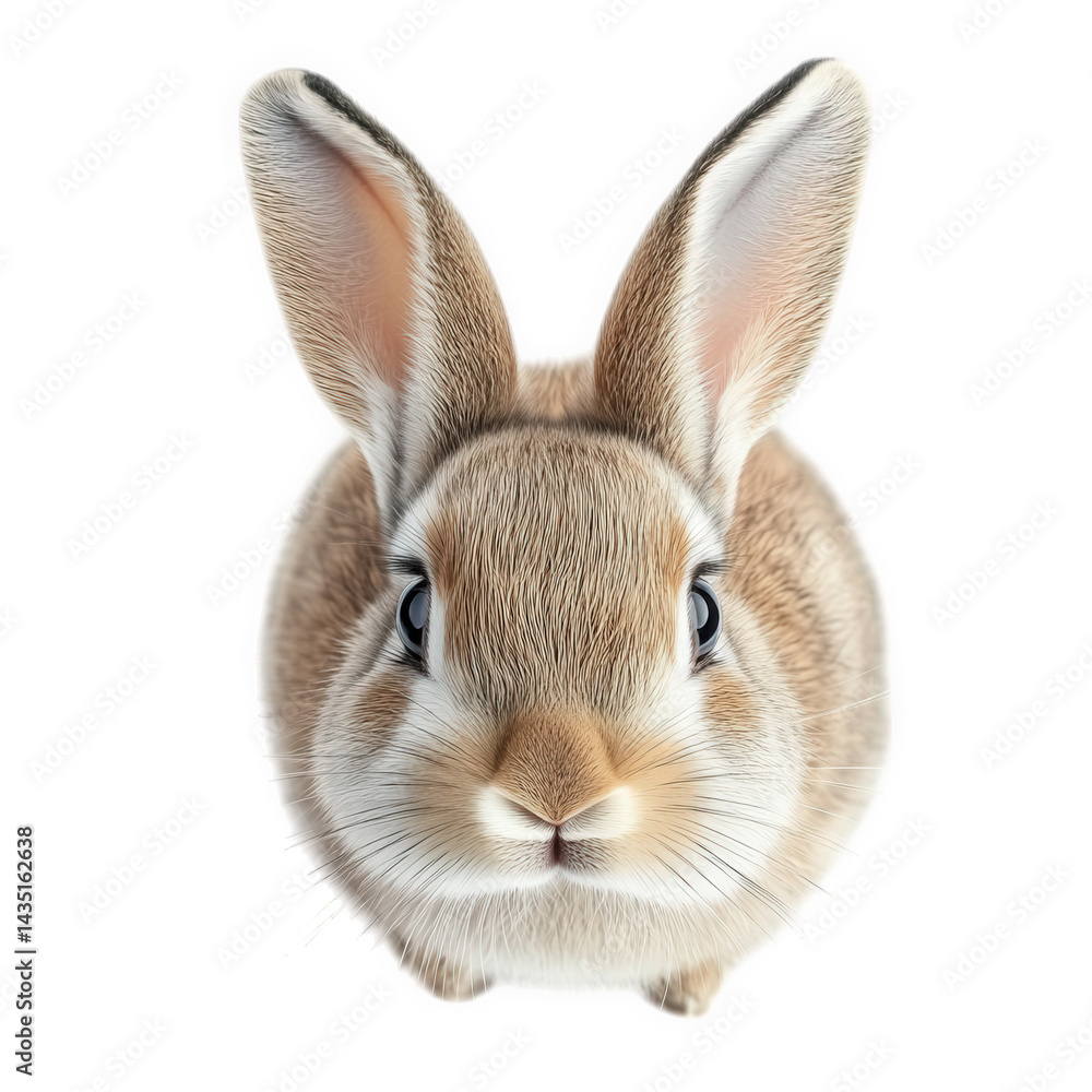Poster a cute rabbit with large ears and a fluffy fur coat. looking directly at the viewer against a plain 