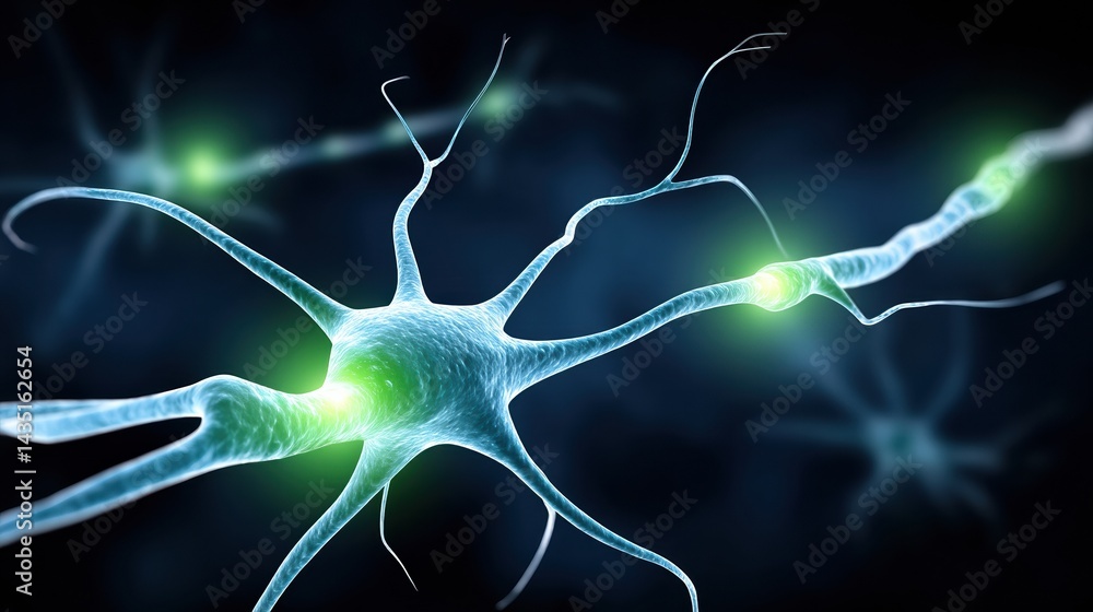 Poster a vibrant illustration of a neuron with glowing connections, representing the complexity of the nerv