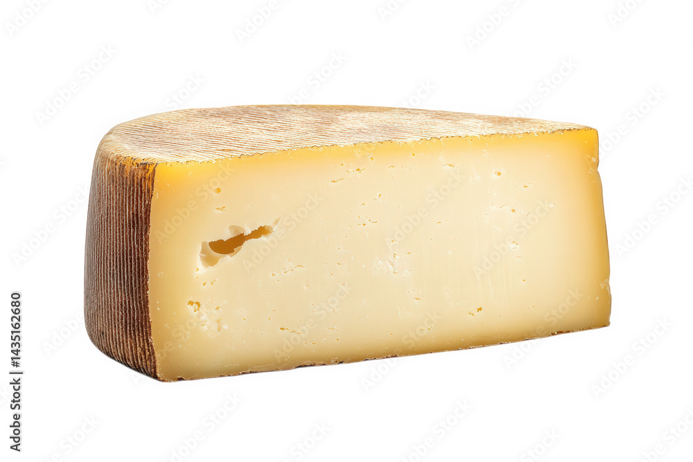 Poster wedge of cheese with a smooth. pale interior and a slightly textured. brownish rind the cheese appea
