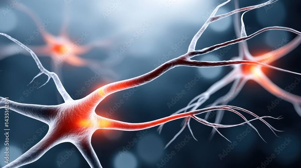 Poster a close-up view of neurons with glowing connections, showcasing the intricate network of the nervous