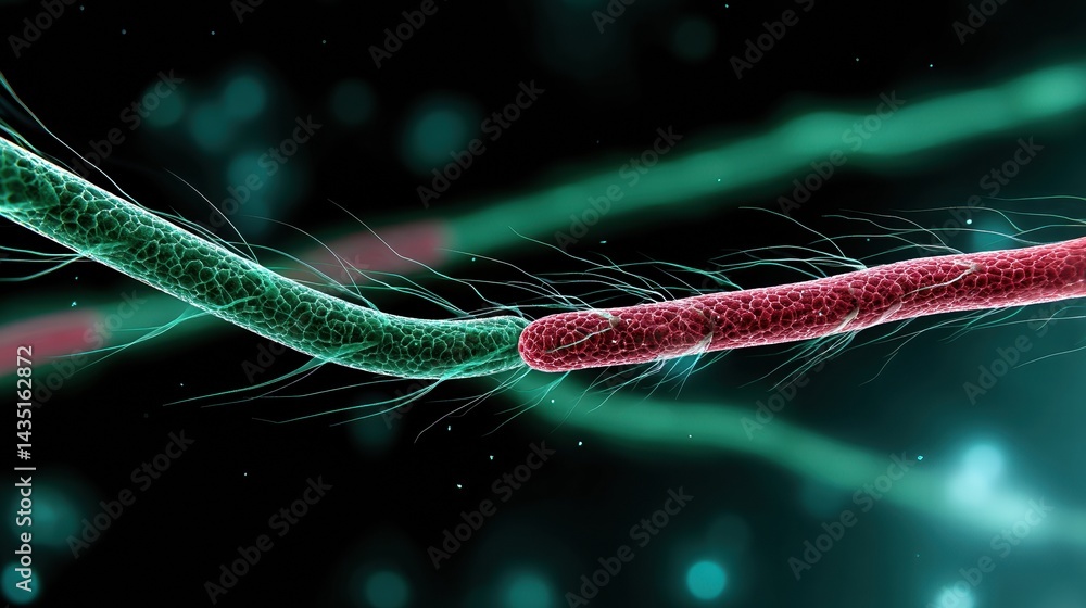 Poster a vibrant depiction of bacteria, showcasing their intricate structures and interactions in a colorfu