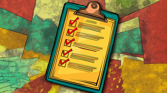 Pop art clipboard with checked tasks. Colorful background in pop art retro comic style.