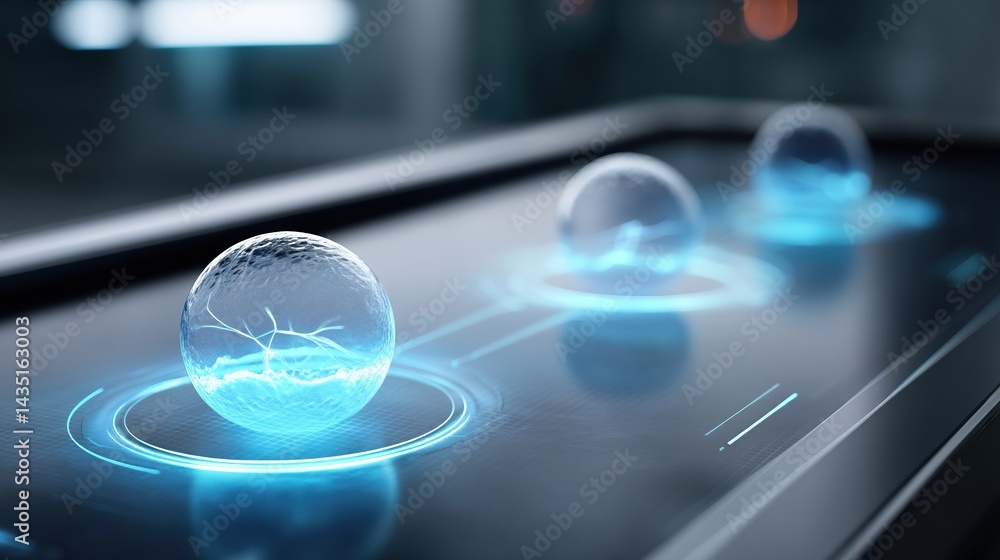 Poster a futuristic display features glowing spheres on a sleek surface, showcasing electric energy pattern