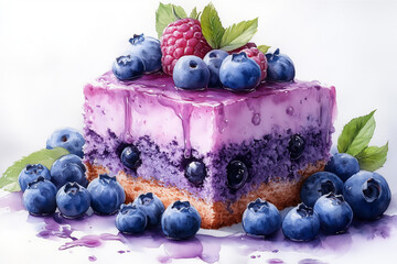 Purple blueberry cheesecake cut into pieces on white background.