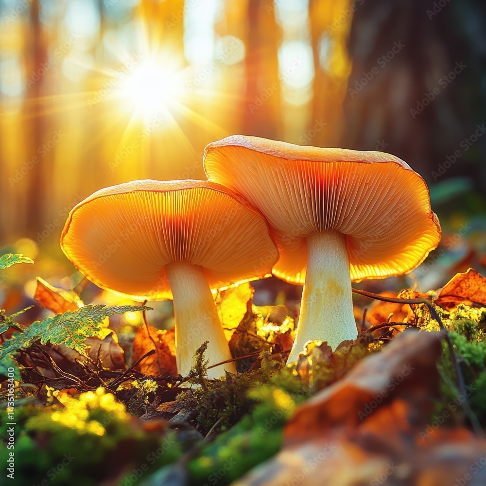 Aufkleber enchanting forest scene featuring two luminous mushrooms bathed in golden sunlight creating a magica