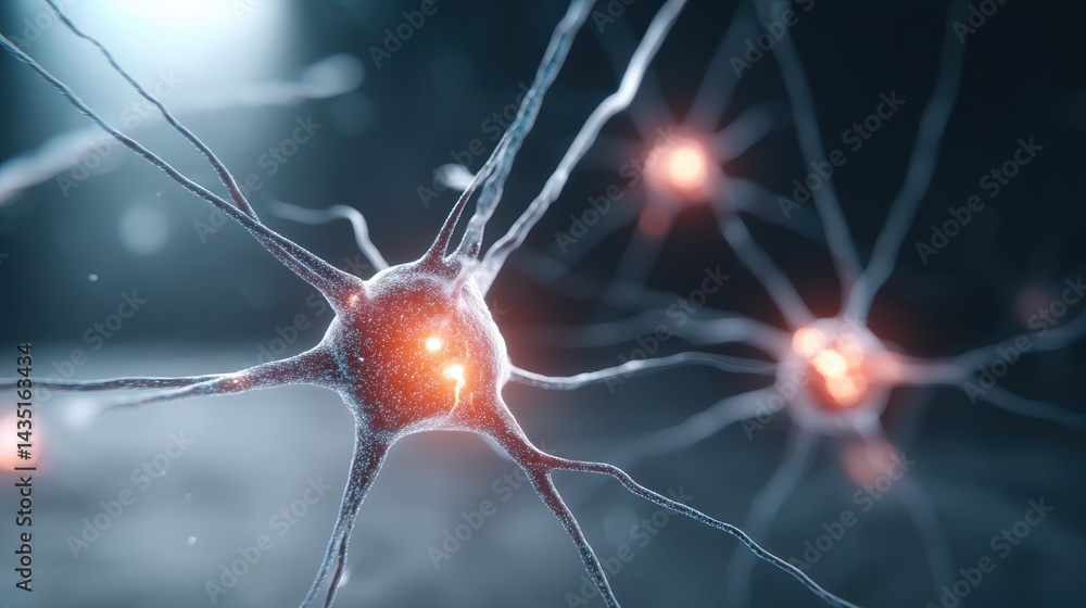 Poster a close-up view of neurons with glowing connections, showcasing the complexity of the nervous system