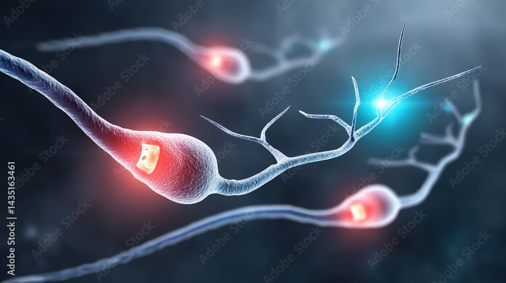 Poster a digital illustration of neurons with glowing synapses, representing neural connections and the com