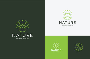 Nature leaf boutique line art style logo icon design template flat vector