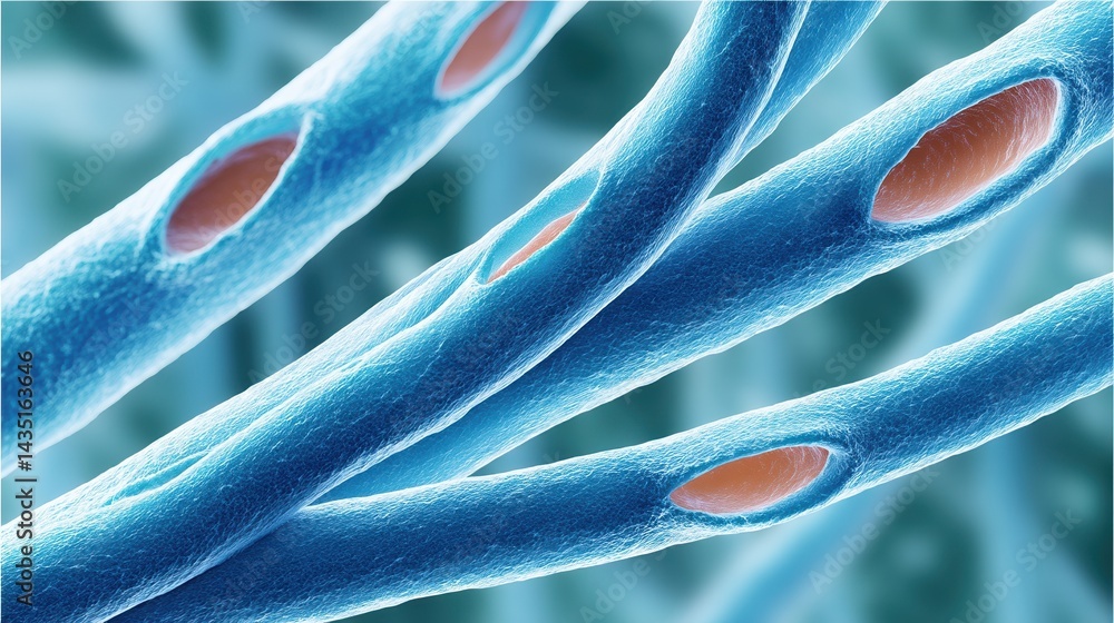 Poster a close-up view of microscopic structures resembling fibers, showcasing intricate details and textur