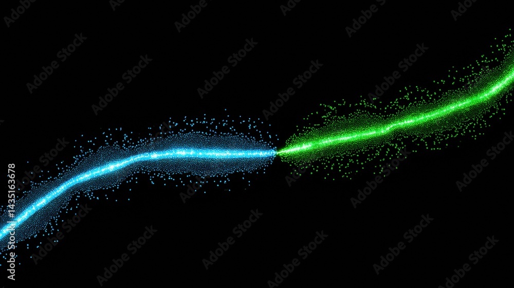 Poster a vibrant display of blue and green particles creating dynamic streams against a black background, s