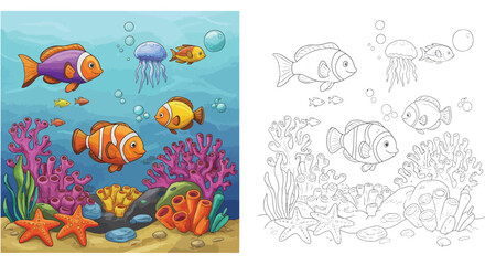 Colorful Underwater World: A vibrant underwater scene featuring an array of playful fish, jellyfish, coral, and starfish. The image depicts the beauty of the marine environment.