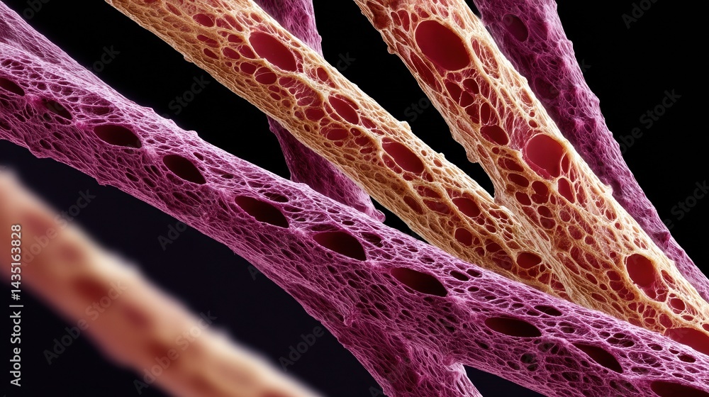 Poster a vibrant, close-up view of microscopic structures resembling biological fibers, showcasing intricat