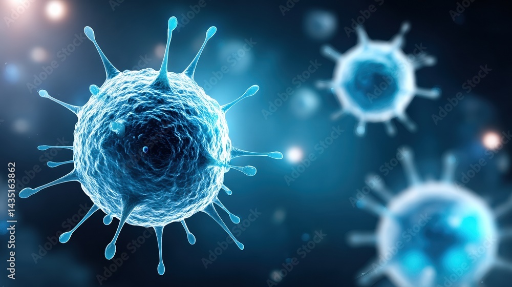 Poster a close-up digital rendering of virus particles, showcasing intricate details in a blue and black ba