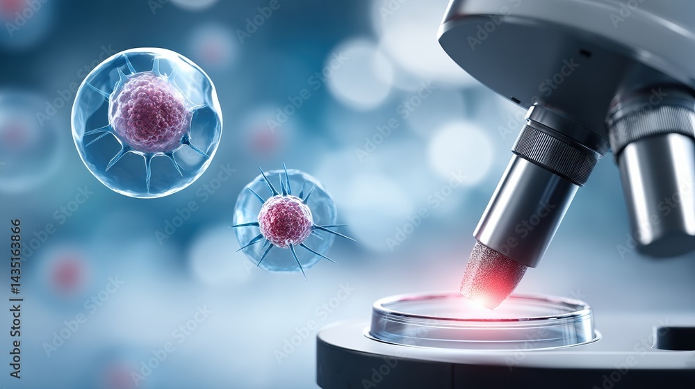 Poster a close-up view of a microscope examining cells, highlighting biological research and cellular struc