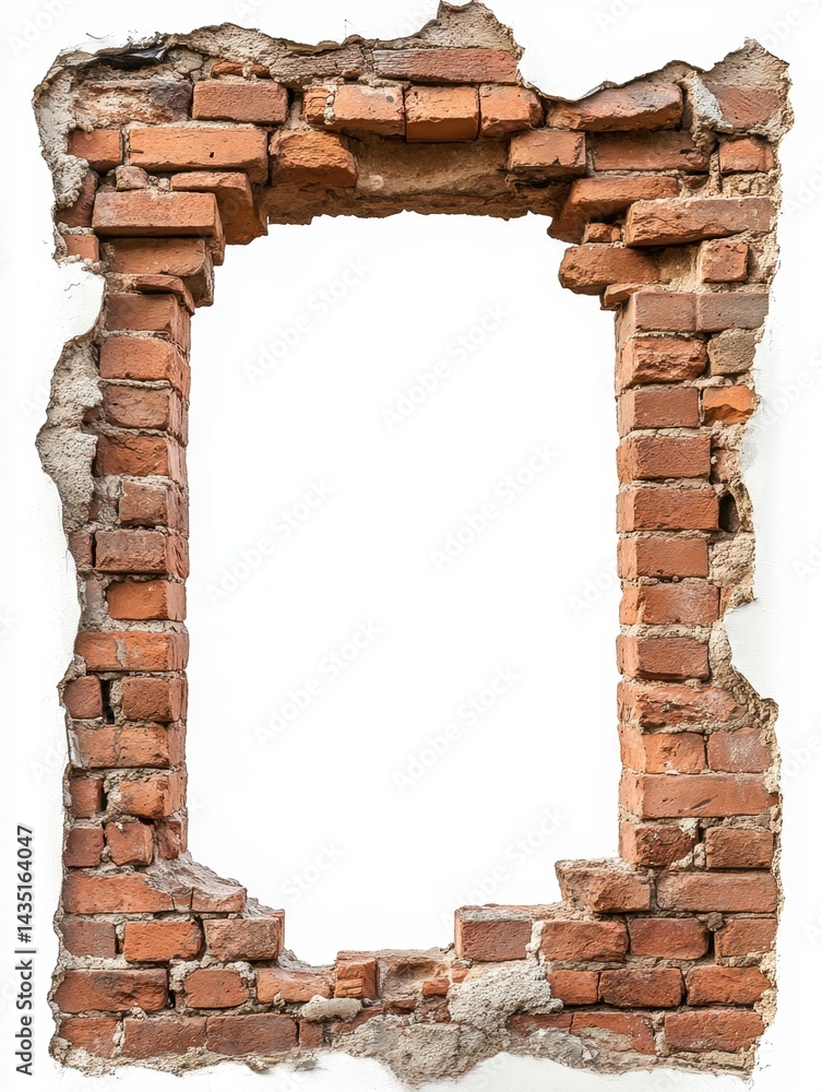 Poster distressed brick frame with exposed mortar against a stark white background creating a rustic and we