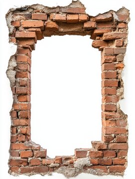 Distressed brick frame with exposed mortar against a stark white background creating a rustic and weathered aesthetic ideal for design overlays and textures