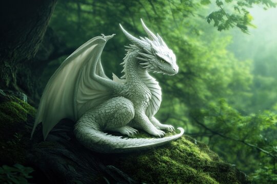 Majestic white dragon resting in enchanted forest surroundings
