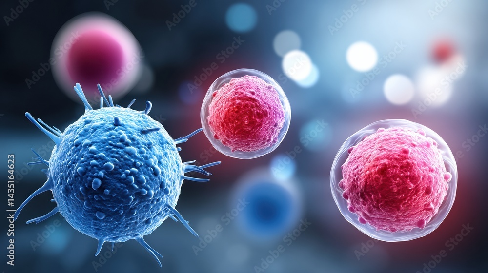 Poster colorful digital representation of cells, showcasing various forms and sizes in a dynamic, abstract 