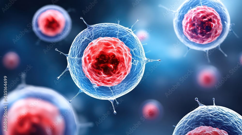 Poster abstract illustration of colorful cells with red nuclei, showcasing the complexity of cellular struc