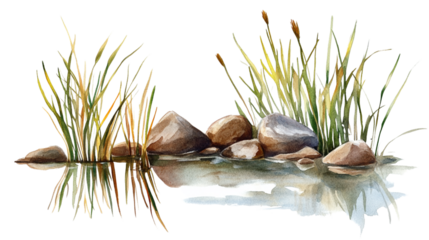 Watercolor painting of a small pond with reeds and stones, isolated on a white background.
