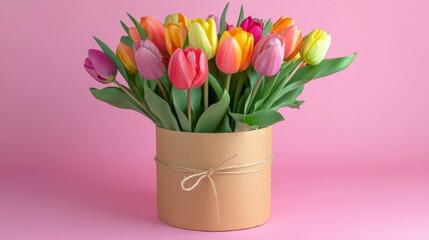 Obraz premium Colorful Tulip Bouquet in Kraft Box on Pink Background